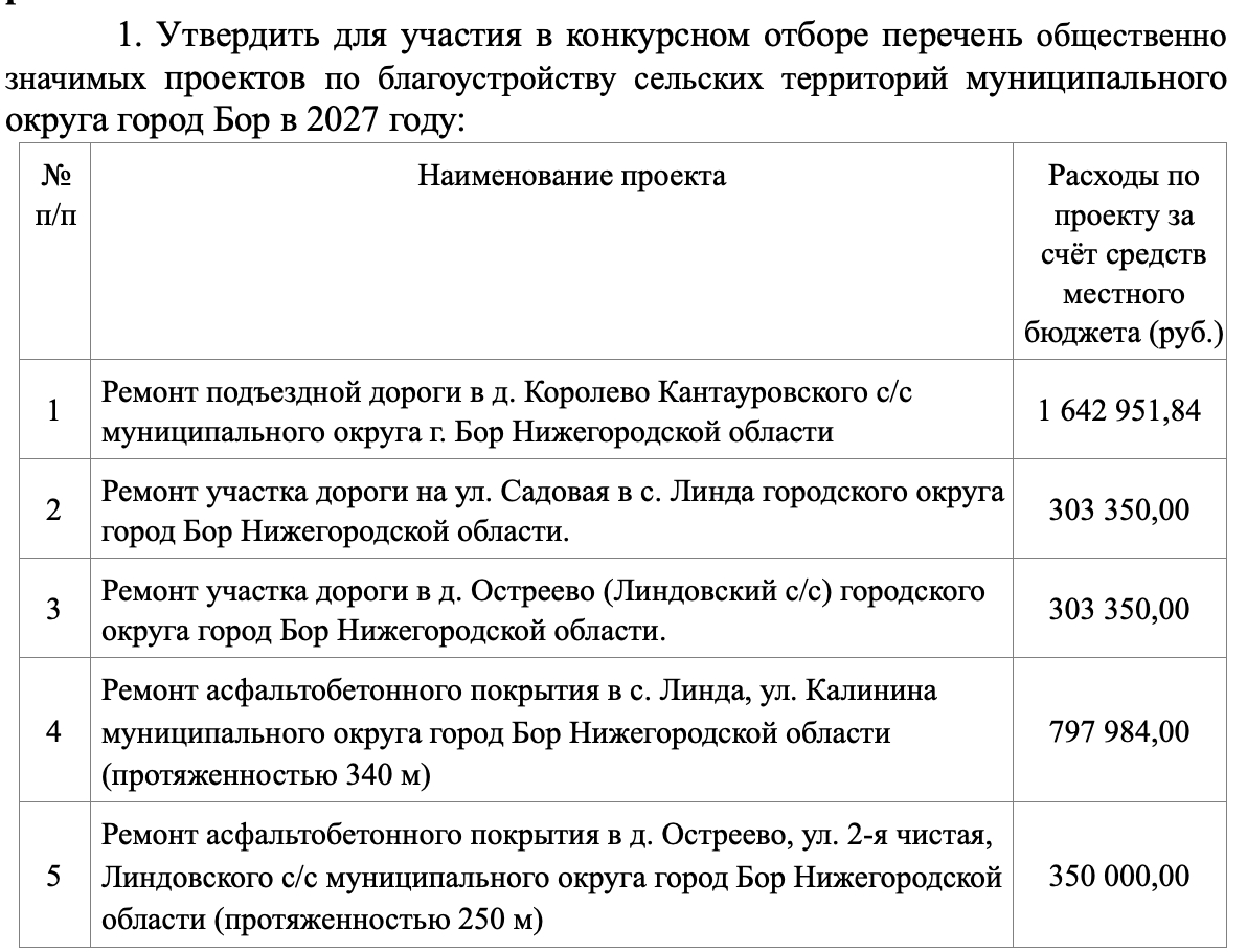 В Борской администрации утвердили перечень общественно значимых проектов
